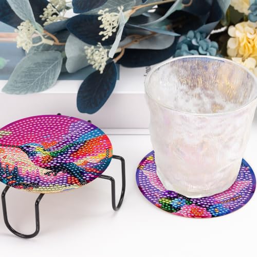 8 Pcs Diamond Art Painting with Holder, DIY Hummingbird Flowers Diamond Art Coasters for Drinks Diamond Art Painting Kits for Beginners, Diamond Craft Supplies for Adults - color: Hummingbird