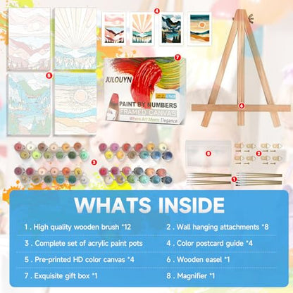 JULOUYN 4 Pack National Park Paint by Numbers Kit for Adults with Framed, Sunset Sunrise Mountain Easy Paint by Number Kits On Canvas with Wooden Easel, Painting by Numbers for Beginner Gift 8x12 in | Easy to piant for beginners elderly, with Easel & Magn