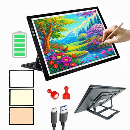A3 Wireless Rechargeable Tracing Light Pad, 3-Colors & 8-Level Adjustable Brightness, 2500mAh Battery Powered Ultra-Thin Light Board with Foldable Stand for Diamond Art Painting - size: A3 Rechargable