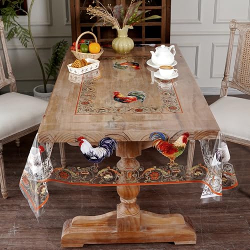 Clear Table Cover Protector Rooster Vinyl Table Cloth, 60"x120" | Dining Room, Kitchen Meals, Tabletop Protection, Easy Cleanup, Brunch, Parties, Holiday Gatherings, Everyday Use - color: Roosters, size: 60" x 120" (Rectangular)