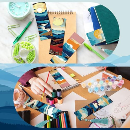 Kosiz 12 Pcs Mountain Paint by Number Kit for Adult Wood Bookmark | Mini Paint by Numbers Kit, Painting Decor, Tassels Blank Bookmarks, for Small DIY Craft Book Lovers Gift 7x2 '' - style: Mountain