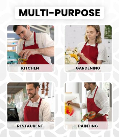 Adjustable Bib Apron 100% Polyester Kitchen Aprons Waterdrop Resistant Aprons with Adjustable Strap, Pockets & Long Ties - color: Red, style: Pack of 12