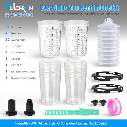 Disposable Paint Cups For Spray Gun, 27oz 125-Micron Mixing Cup With Lids | Fulchron 50PCS Paint Cup Liners with Lids, 2 Hard Cups & Adapters, Ideal for HVLP/LVLP Spray Gun 360° Spray & Less Cleanup - size: 27 ounce