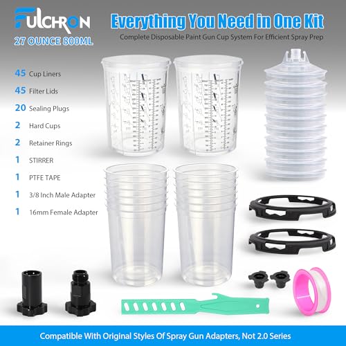 Disposable Paint Cups For Spray Gun, 27oz 125-Micron Mixing Cup With Lids | Fulchron 50PCS Paint Cup Liners with Lids, 2 Hard Cups & Adapters, Ideal for HVLP/LVLP Spray Gun 360° Spray & Less Cleanup - size: 27 ounce