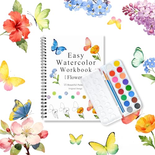 SLWBZ All-in-One Watercolor Workbook Kit - Beginner Friendly Art Set with 16 Colors, 2 Brushes & 15 Pre-Sketched Thick Watercolor Paper Pages - Creative Exploration & Stress Relief Gift (Flowers) - color: Flowers, size: With Palette