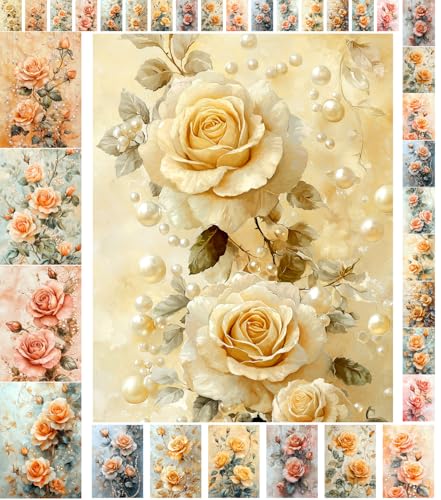 Decoupage Paper Pack (35 Sheets 6"x8") Golden Rose Elegance: Gorgeous Roses in Soft Pastel Shades Combined with Golden Accents and Delicate Pearl Embellishments, Creating a Graceful, Timeless Feel - color: ThirtyFour