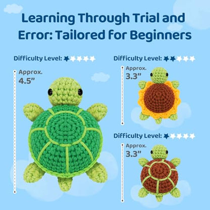 Mewaii Crochet Kit for Beginners, 3 Pack Sea Turtles Craft Set - color: Brown and Green