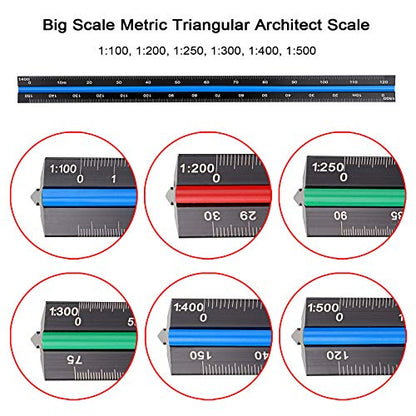 OwnMy 3 Pack 30CM Solid Aluminum Triangular Architect Scale Ruler Set | 3-Colors-Groove Architectural and Engineer Scale Metal Rulers, Clear Scale Metal Drafting Rulers for Civil Engineer Blueprint - style: Metric Scale