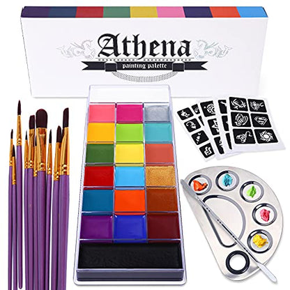 UCANBE Athena Face Body Paint Oil Makeup Set, 20 Colors FX Halloween Party Painting with Stainless Steel Mixing Palette and Spatula Tool,10 pcs Artist Paintbrushes,Tattoo Stencil Arts Crafts kit - color: All in one kit
