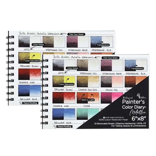 HG Art Concepts Metallic Watercolor Diary - Color Swatch Book - 2 Pk, 10 Removable 6x8 Pages, Spiral Bound w/Glassine Paper, 16 Metallic Swatch Boxes/Page, 140 lb Cotton Cold Press Watercolor Paper - color: Metallic Watercolor, size: 2 Pads | 20 Pages