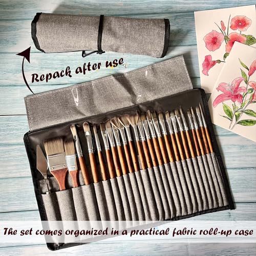 25PCS Paint Brush Set for Watercolor, Acrylic, Gouache and Oil Paint | tumuarta Artist Paint Brushes Kit, Synthetic Nylon Round & Flat Detail Brushes for Art Drawing Beginners & Artists