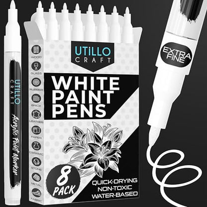 Utillo Craft White Paint Pen (8-Pack), 0.7mm Extra Fine White Paint Markers - color: White