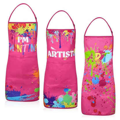 3 Pcs Painting Artist Apron with 2 Pockets, Colorful Artist Smock, Adjustable Painting Aprons for Adults - color: Rose Pink