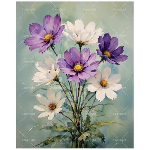Floral Paint by Numbers Kit for Adults - DIY Purple and White Cosmos Flowers Painting on Canvas, Acrylic Paint Set, Suitable for Beginners, Art for Home Decoration or Gifts(8X12IN Framed) - color: TCXY06094, size: 8X12IN Framed