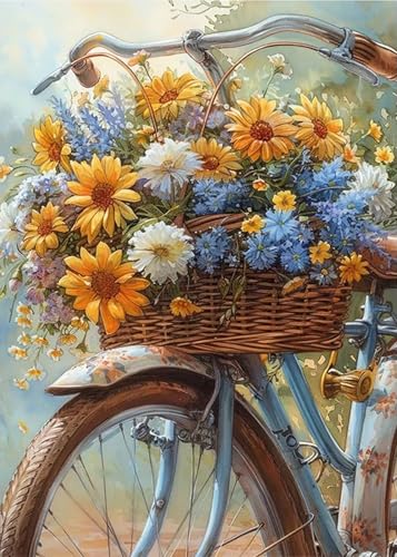 Flowers Bicycle Diamond Painting Kits for Adults, 5D Diamond Art Painting by Numbers Kits Diamond Art Kits for Adult Full Round Drill Diamond Painting Kit for Adults for Home Wall Decor, 12x16 inch - color: QCL26025