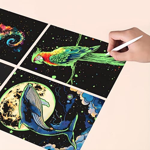 Glow in The Dark Scratch Art Kit - 8 Sheet Rainbow Scratchboards(A5) | Creative Engraving Craft Supplies for Teens & Adults | DIY Projects & Sketching Activity | ASMR Stress-Relieving Gift (Animals) - color: Animal