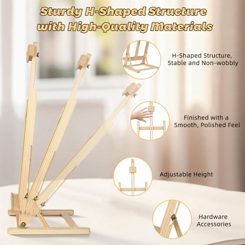 Heavy-Duty Wood Painting Easel H-Frame Tabletop Adjustable Up to 24 inch | Sturdy & Stable Art Easel Stand for Painting Canvases, Art and Crafts, For Adults, Artists, Oil Acrylic Watercolor Painting