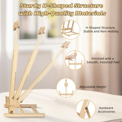 Heavy-Duty Wood Painting Easel H-Frame Tabletop Adjustable Up to 24 inch | Sturdy & Stable Art Easel Stand for Painting Canvases, Art and Crafts, For Adults, Artists, Oil Acrylic Watercolor Painting