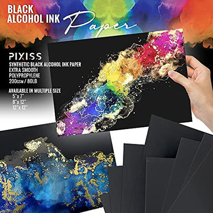 Black Alcohol Ink Paper - 25 Sheets Pixiss Heavy Weight Art Paper for Alcohol Ink & Watercolor - Extra Smooth Synthetic Paper A4 8x12 inches, 300gsm - size: 8x12 (25 Pack)