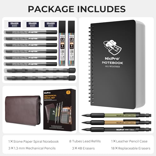 Nicpro 1.3mm Mechanical Pencil Set with Waterproof Field Notebooks | 3PCS Metal Heavy Duty Carpenter Pencil with Leather Bag,Lead Refill & Eraser for Outdoor Journal Travel Drafting Drawing - color: Multicolor with Notebook