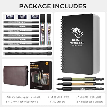 Nicpro 1.3mm Mechanical Pencil Set with Waterproof Field Notebooks | 3PCS Metal Heavy Duty Carpenter Pencil with Leather Bag,Lead Refill & Eraser for Outdoor Journal Travel Drafting Drawing - color: Multicolor with Notebook