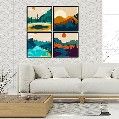 FQOVKYN 4 Pack Sunset Paint by Number for Adults Beginners, DIY Landscapes Paint by Numbers on Canvas, Acrylic Easy Painting by Numbers Oil Painting Kits for Home Wall Decor (8x8in)