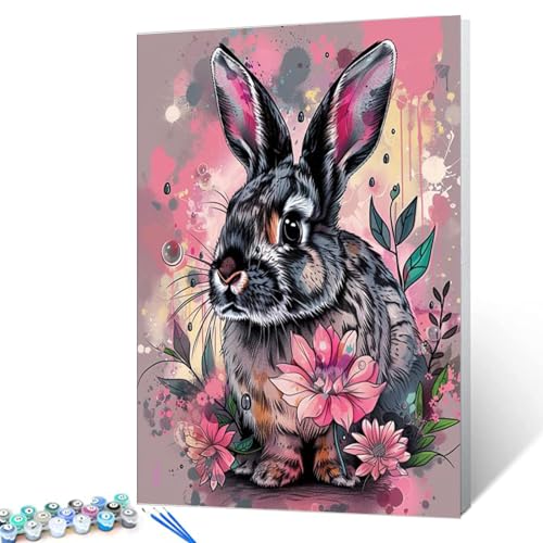 Aihonmin Cute Rabbit Paint by Numbers Kits for Adult Bunny Paint by Numbers Graffiti Flower Paint Works Painting Art Gift Canvas Perfect for Gift Home Wall Decor Without Framed 16''W x 20''H - color: Graffiti A-02, size: 16''x20''(Frameless)