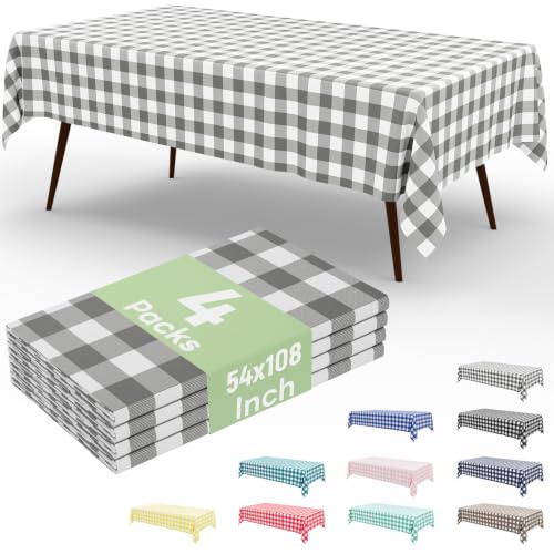 4 Packs Buffalo Disposable Table Cloth, 54 x 108 Inch Waterproof Plastic Tablecloth, Rectangle Grey and White Checkered Table Covers for Picnic, Birthday, Party, Back to School - color: Grey and White, size: 54" x 108" - 4 Pack