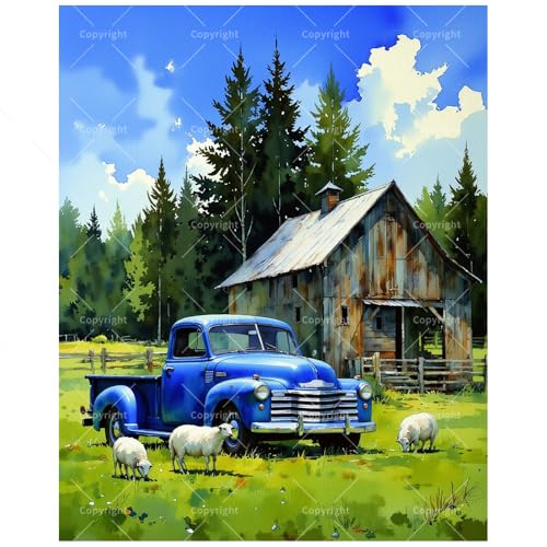 Farm Scene with Blue Truck Paint by Numbers Kit for Adults – DIY Old Truck and Sheep by Barn Painting on Canvas 16x20In, Framed Acrylic Paint Set for Beginners, Art for Home Decoration/Gifts - color: FM05950, size: 16×20in Framed