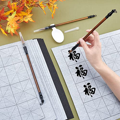PH PandaHall 12pcs Chinese Calligraphy Set, 8pcs Water Writing Cloth Paper 3 Styles Traditional Calligraphy Brushes Water Dish for Chinese New Year Calligraphy Practice Japanese Sumi Drawing Painting - color: Grey