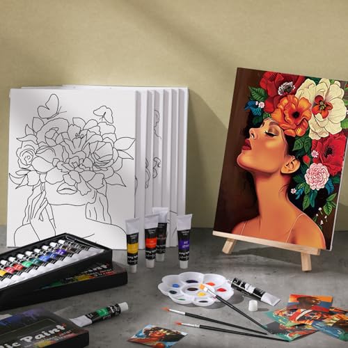 Cholemy 36 Pcs Paint and Sip Kit Gift for Adults 8''x10'',Flower Lady | Pre Drawn Canvas, Painting DIY Afro Acrylic Painting Kit, Wood Easel Brushes, Date Night Bulk, Summer Halloween Party - style: Flower Lady