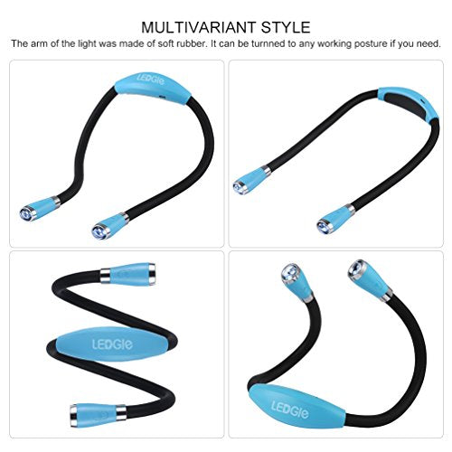 LEDGLE Neck Reading Light Rechargeable Neck Flashlights for Knitting, 4 LED Bulbs + 3 Adjustable Brightness + Flexible Soft Silicone Arms | Hands Free Flashlight for Reading Crocheting Repairing - color: Sky Blue