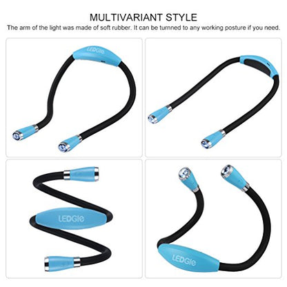 LEDGLE Neck Reading Light Rechargeable Neck Flashlights for Knitting, 4 LED Bulbs + 3 Adjustable Brightness + Flexible Soft Silicone Arms | Hands Free Flashlight for Reading Crocheting Repairing - color: Sky Blue