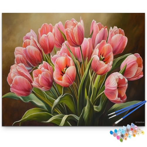 Artunion Pink Tulip Flower Paint by Numbers Kit for Adults,Pink Flower Paint by Number Kits, DIY Oil Painting Paint by Number Kits on Canvas Arts Craft for Home Wall Decor 16x20 Inch - color: ZXT-413