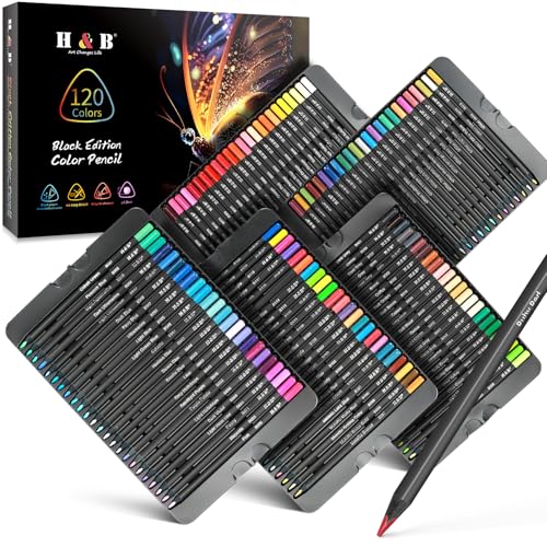 H & B 120-Color Colored Pencils Set with Metallic Colors – Soft Core, Pre-Sharpened Shading & Blending Pencils for Adults, Artists & Beginners, Packed in a Gift Metal Iron Box - style: 120Count (Pack of 1)