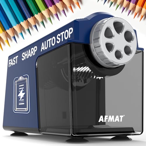 AFMAT Electric Pencil Sharpener for Classroom, 6 Holes, Cordless & Rechargeable, Super Fast, Auto Stop, 10K+ Uses, Heavy Duty Pencil Sharpener for 6-11mm No.2/Large/Colored Pencils PSD4(Blue) - color: Blue