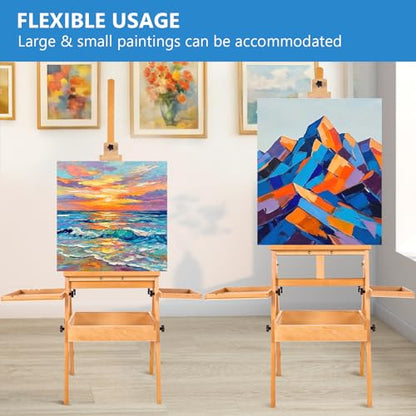 Falling in Art Large Wooden Painting Easel with Storage Drawer and Palettes | H-Frame Studio Easel Stand Holds Canvas up to 36 Inches, Suitable for Adults, Beginners, and Artists, Natural - style: Natural