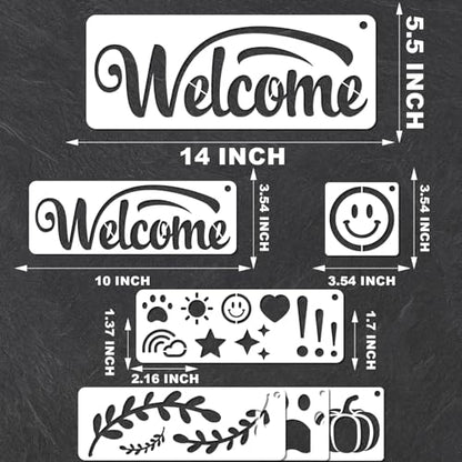 YKW Welcome Sign Stencils Set - 7 Reusable Smiley Paw Templates - Up to 14x5 - Welcome Words, Leaves, Pumpkin - for Porch, Door, Wood, Fabric - DIY Home Decor,Translucent and Soft - style: Welcome-1