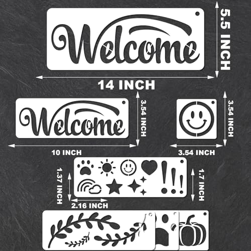 YKW Welcome Sign Stencils Set - 7 Reusable Smiley Paw Templates - Up to 14x5 - Welcome Words, Leaves, Pumpkin - for Porch, Door, Wood, Fabric - DIY Home Decor,Translucent and Soft - style: Welcome-1