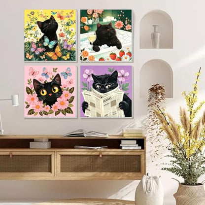4 Pack Cat Paint by Numbers for Adults with Framed Canvas - Wooden Easel - color: BKH2820+BKH2821+BKH2822+BKH2823