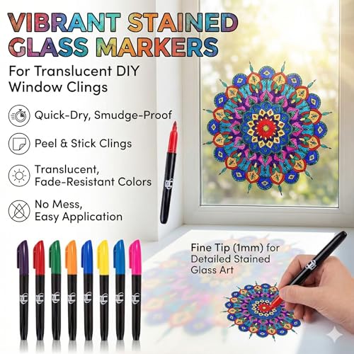 Hula Home Stained Glass Mandala Art Kit - DIY Window Clings with Markers, 10 Suncatchers - Perfect Hobby for Adults, Kids, Teens & Seniors - Ideal Gift for Beginners, Women & Elderly - size: Stained Glass Style - New Markers