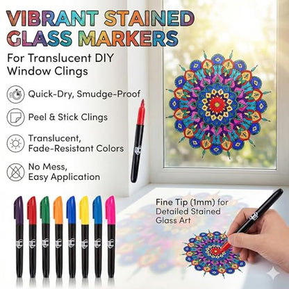 Hula Home Stained Glass Mandala Art Kit - DIY Window Clings with Markers, 10 Suncatchers - Perfect Hobby for Adults, Kids, Teens & Seniors - Ideal Gift for Beginners, Women & Elderly - size: Stained Glass Style - New Markers