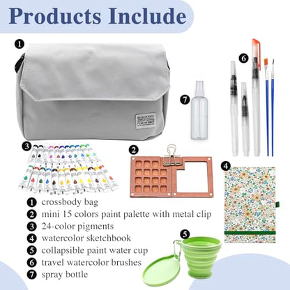 24-Color Mini Travel Watercolor Set, Gray | Pocket Watercolor Set, With Sketches - color: gray