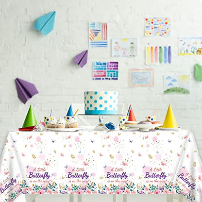 OBUSATT 3Pcs Butterfly Baby Shower Tablecloth Supplies - A Little Butterfly is On The Way Baby Girl Party Disposable Plastic Table Cover Pink Floral Princess Girl Party Decoration - style: Butterfly Baby Shower
