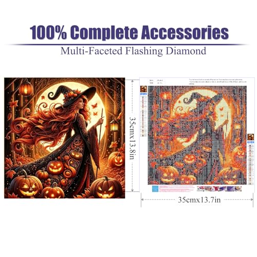 LWZAYS Halloween Witch Diamond Art Kits for Adults, Pumpkin 5D Diamond Painting Kits for Beginner, DIY Full Round Gem Crystal Art Paint by Diamond for Home Wall Decor 14x 14 inch - color: JX0499-US