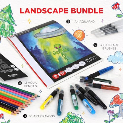 Marabu Mixed Media Drawing Set - 20 Sheets Watercolor Paper, 12 Watercolor Pencils with 10 Watercolor Crayons and Water-Fillable Brush Set - The Ultimate Landscape Adventure