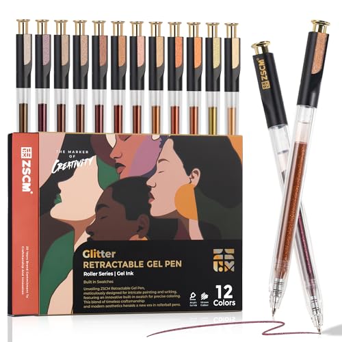 Skin Tone Retractable Glitter Gel Pens, 12 PCS Large Capacity Metallic Pen - color: 12 Skin Tone