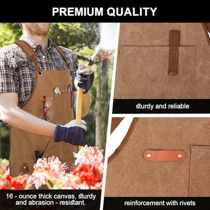 Men's Canvas Tool Apron, Heavy Duty Multi-Pocket Work Apron for Woodworking Gardening Bartender Adjustable Straps - color: Khaki