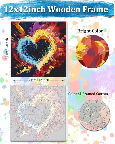TOCARE Framed Paint by Numbers Kit for Adults Beginners & Kids Ages 8-12, 12x12inch Love Heart Paint by Number with Frame, Love Paint by Numbers Framed Canvas (Without Easel) - color: TC-F-284