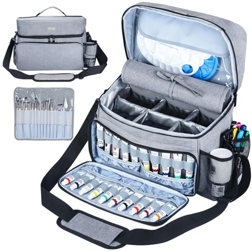 Acrylic Paint and Brush Set Organizer Bag - Carrying Case Compatible with Apple Barrel, Shuttle Art, Caliart Art Supplies - Includes Detachable Paint Brush Holder - for Travel/Outdoor Sketching (Gray) - color: Gray